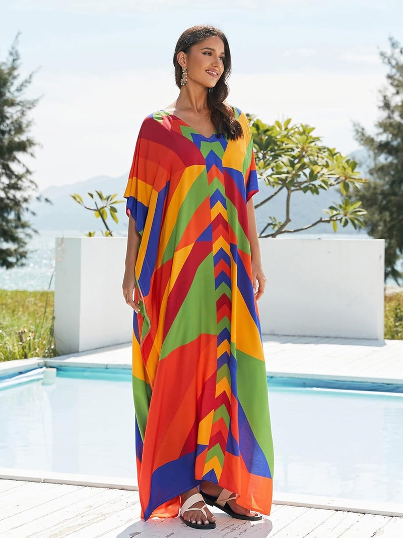 IMAGEKOPE Women's Plus Size Loose Fit Moroccan Print V-Neck Batwing Kaftan Beach Dress Bathing Suit Cover Up - Image 2